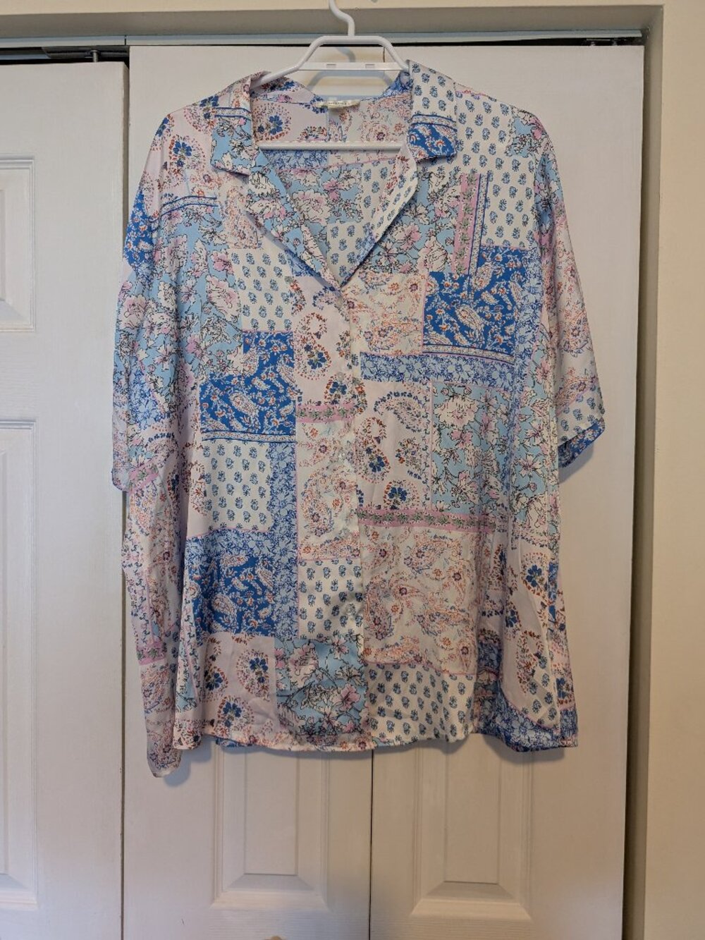 Silky Patchwork Shortsleeve Button Down